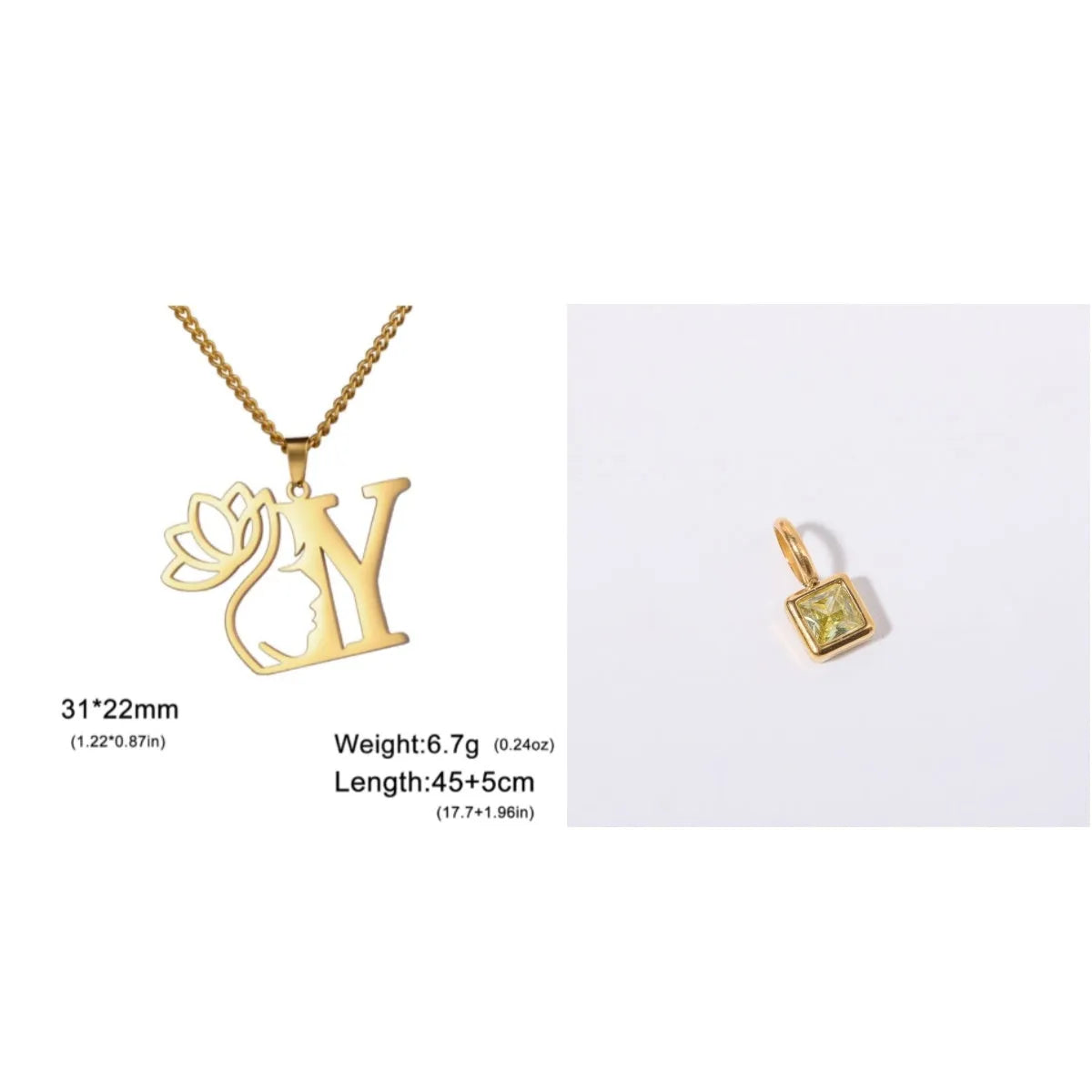 Gold electroplated stainless steel necklace with a cross chain and a letter 'A' pendant on a white background.