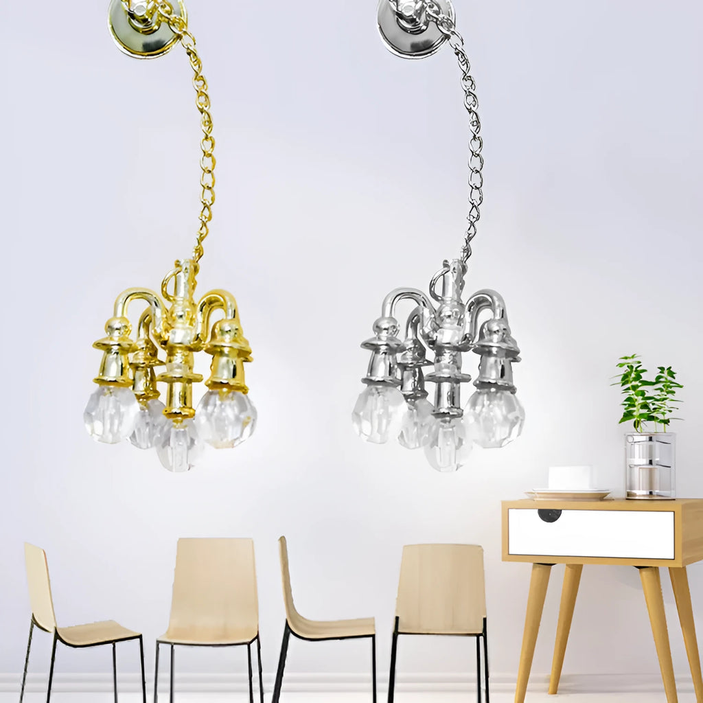 Mini metal retro ceiling light photo prop decoration in gold and silver, 5cm by 2cm.