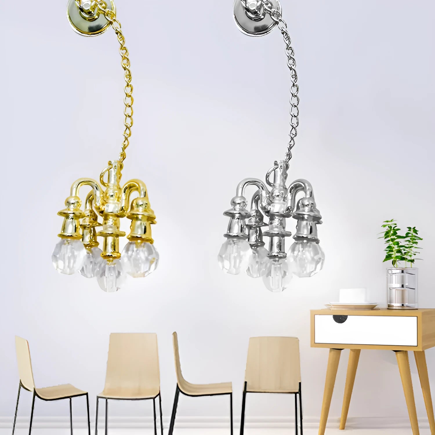 Mini metal retro ceiling light photo prop decoration in gold and silver, 5cm by 2cm.