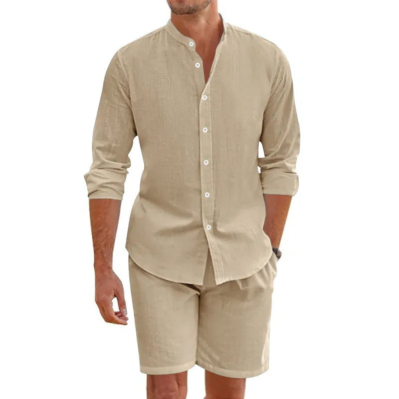 Men's dark gray linen-blend short sleeve shirt and matching drawstring shorts set for summer