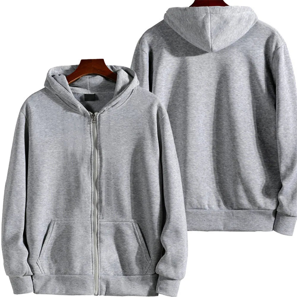 Men's loose fit solid colour zip-up sports jacket in polyester spandex fabric on a hanger