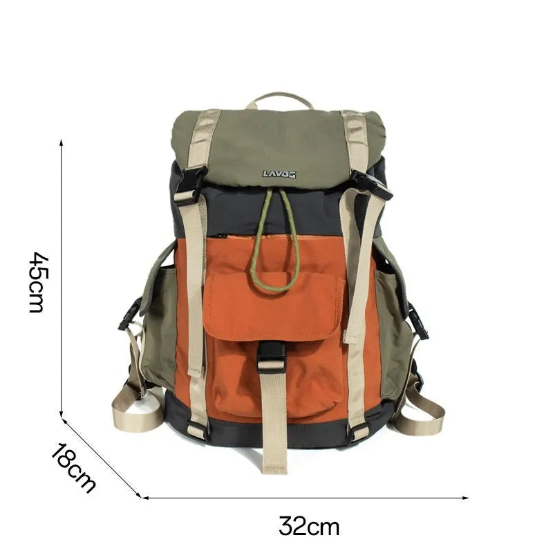 Orange green contrast colour outdoor backpack with multiple compartments and air pillow belt system