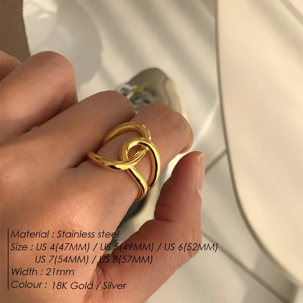 Women's adjustable stainless steel ring with geometric knot design on U-shaped opening