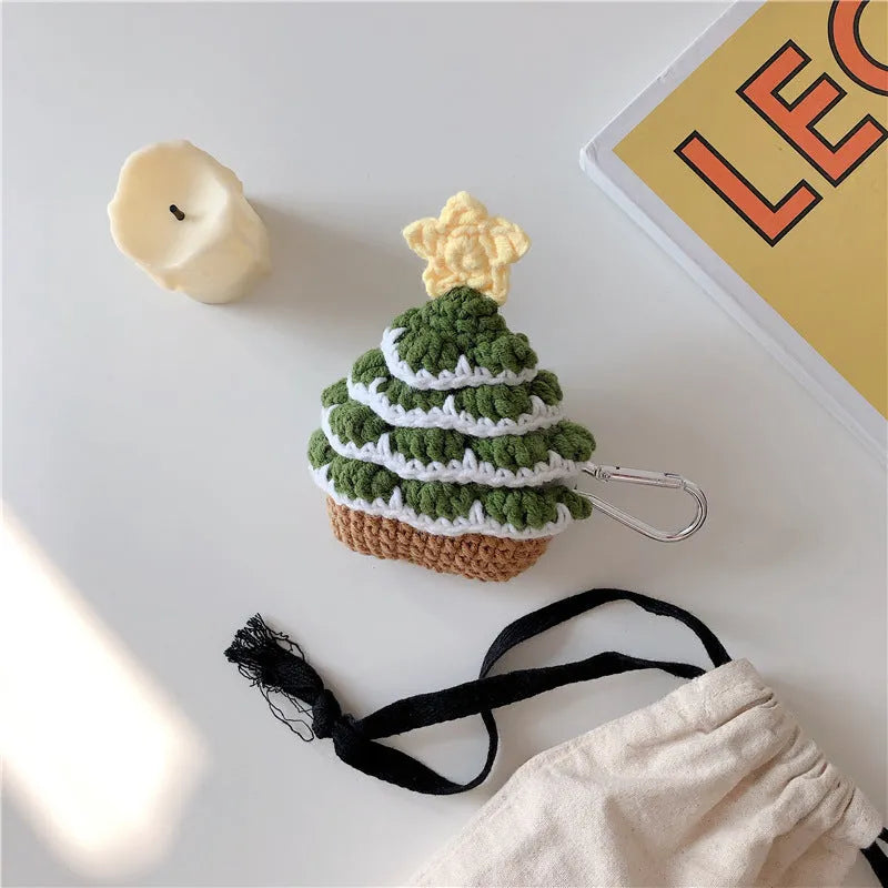 Green knitted Christmas tree Bluetooth headset case for Apple AirPods with hook, flip-style lid