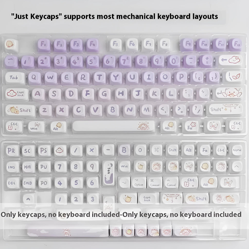 PBT gradient purple rabbit themed mechanical keyboard key caps on a keyboard