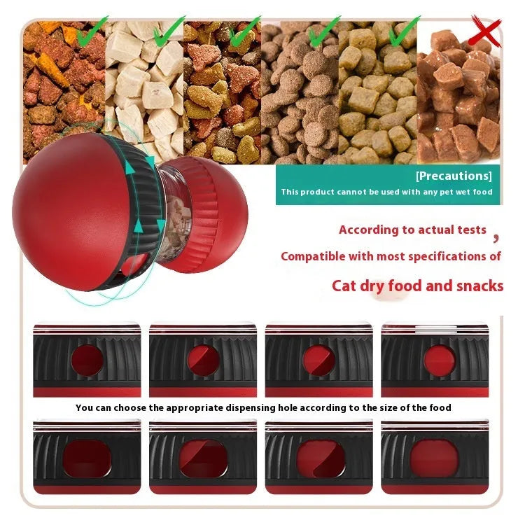 Rotating plastic cat toy with Super Ball colour scheme showing treat-dispensing openings and sound module