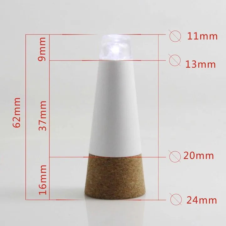White plastic USB-rechargeable LED cork light for bottle decoration, showing compact size.