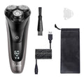 Men's electric shaver with three rotating heads, pop-up sideburn trimmer, USB cable, cleaning brush and velvet bag.