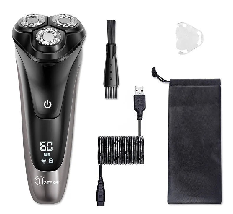 Men's electric shaver with three rotating heads, pop-up sideburn trimmer, USB cable, cleaning brush and velvet bag.