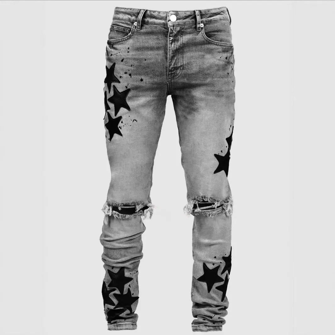 Men's slim stretch jeans in blue, grey, and light blue colours with embroidery detail