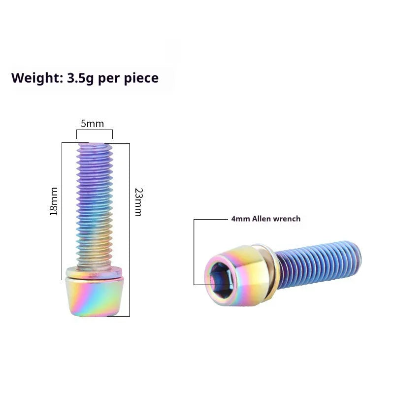 Six stainless steel mountain bike handlebar riser screws in seven colour options including black, blue, red, green, purple, gold, and colourful