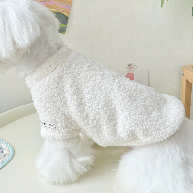 Brown double-sided cloud velvet dog jacket showing thickened polyester construction for pet warmth