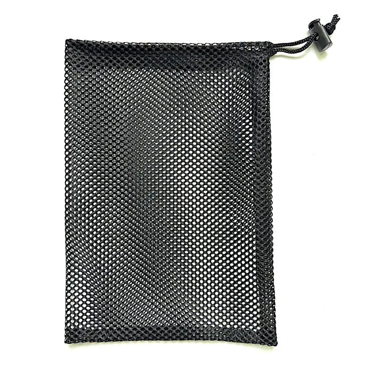 Black mesh drawstring storage bag for children's water ball toys, shown in three size options.