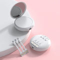 Small portable power bank with USB charging and built-in data cable in white plastic shell