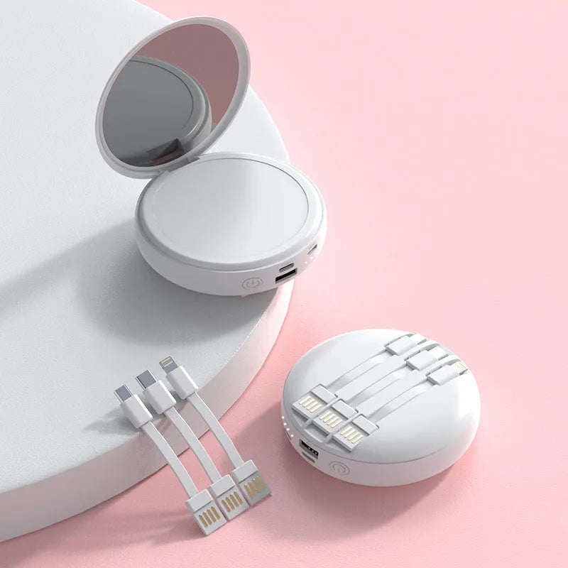 Small portable power bank with USB charging and built-in data cable in white plastic shell