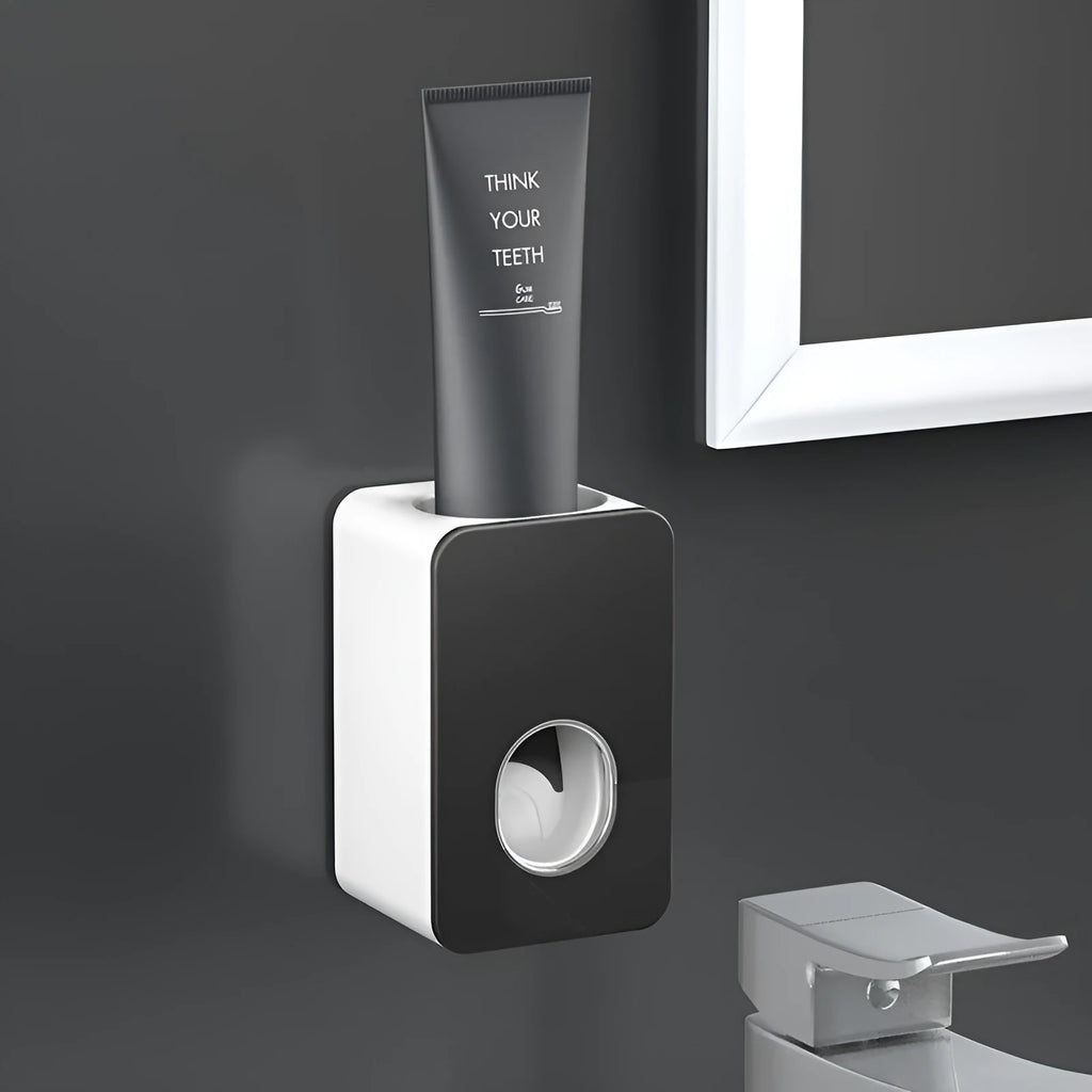 Automatic toothpaste dispenser wall-mounted punch-free in black, hands-free toothpaste squeezer for bathroom use