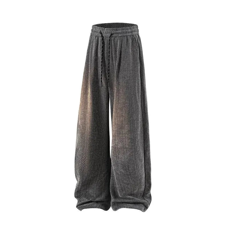 Light grey fleece-lined straight-leg casual trousers with elastic waistband on a hanger.
