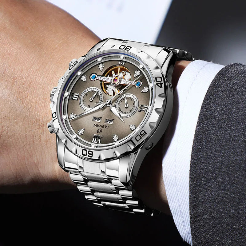 Men's automatic mechanical watch with silver case, grey dial, and stainless steel band.