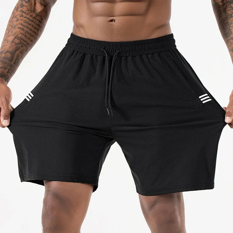 Men's black Ice Silk sports shorts with elastic high waist and straight cropped leg.