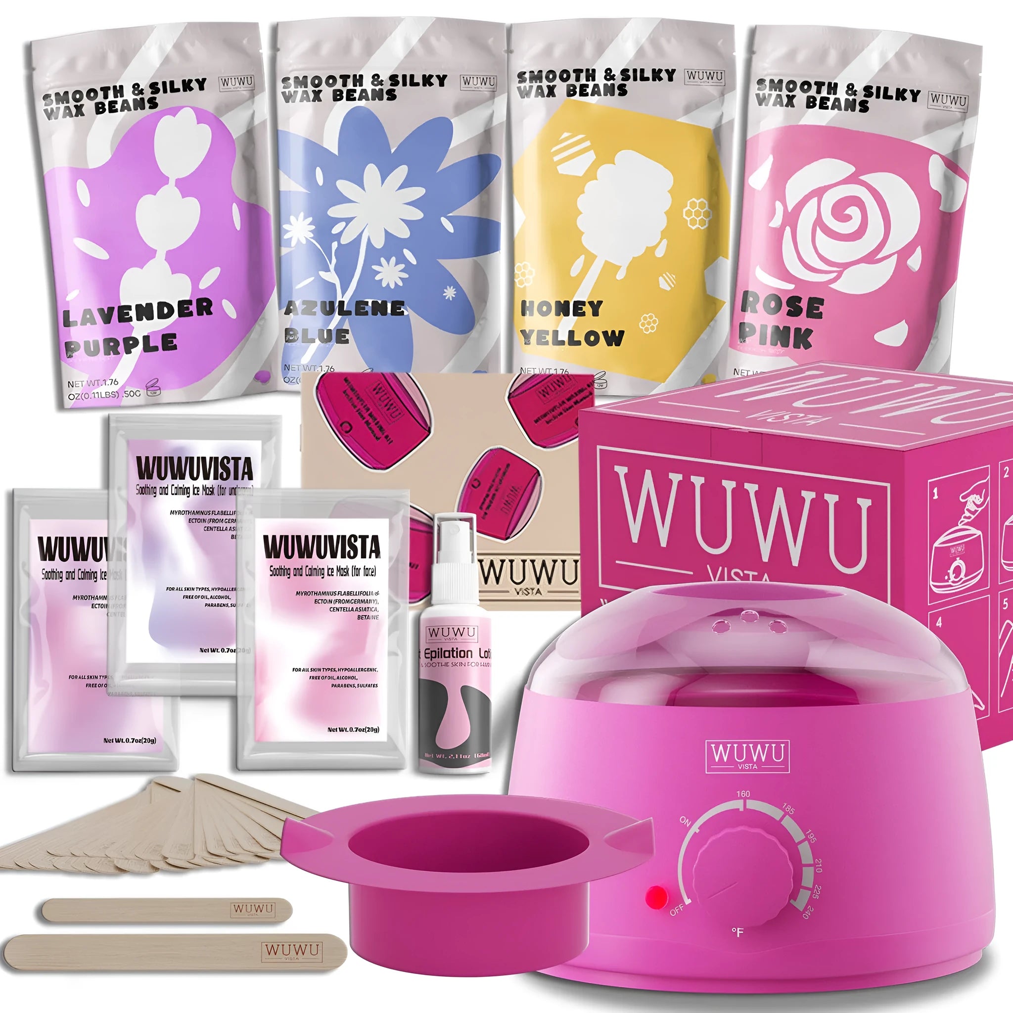 Gold-standard hard wax kit with black wax warmer, wax beads, sticks, and aftercare bottles on a pink background