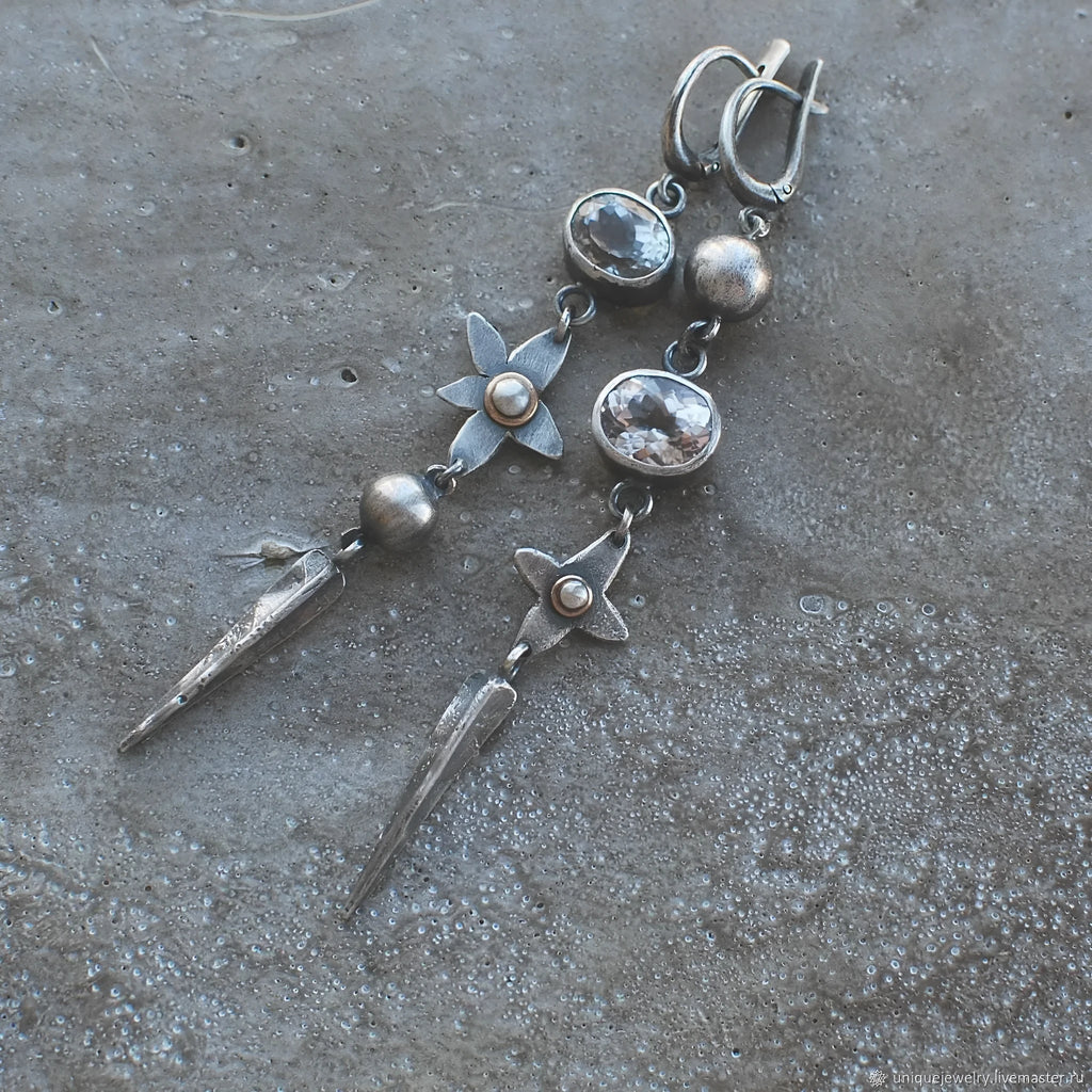 Hesheng geometric antique silver-plated long pendant earrings with XINGX rhinestone design