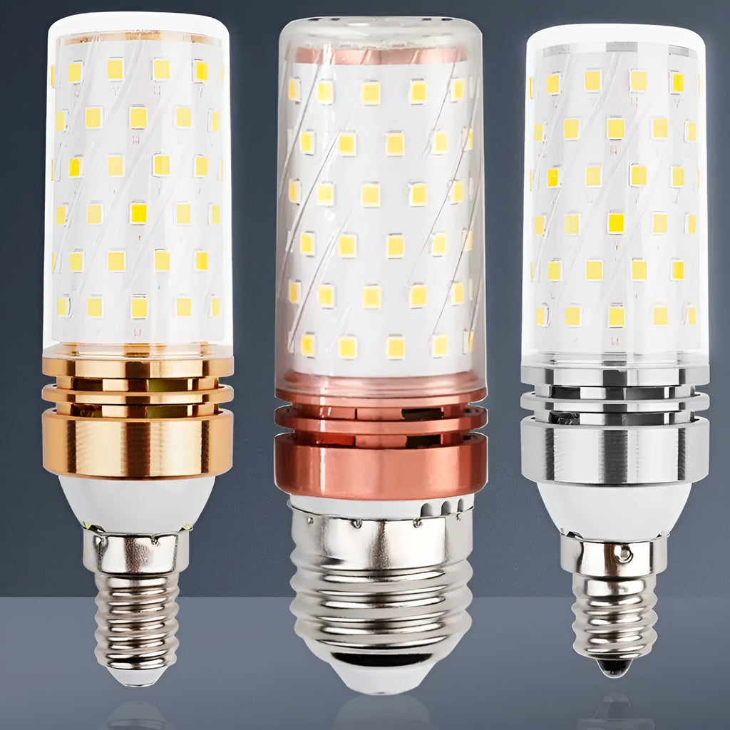 E14 screw base LED corn light bulb showing three colour temperature options: warm, neutral, and white light.