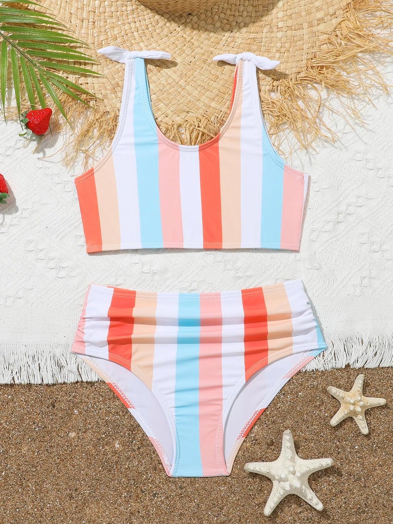 Girls' plaid print two-piece swimsuit set with bra and briefs for swimming.