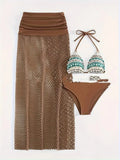 Women's brown gradient bikini set with a long fishnet skirt laid flat.