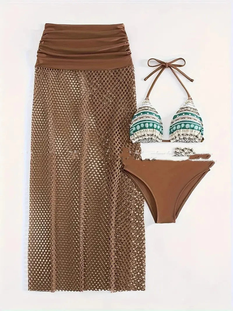 Women's brown gradient bikini set with a long fishnet skirt laid flat.