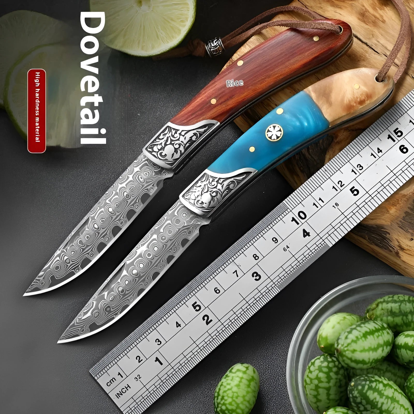VG10 stainless steel folding knife with handmade national style dovetail patterning in blue or red options
