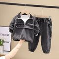 Boys wearing black cotton denim two-piece suit set with long sleeves in Korean style