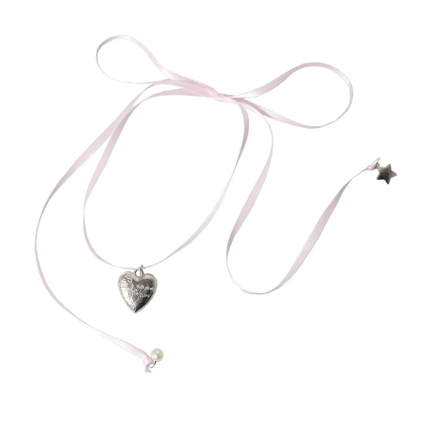 Silver-tone women's necklace with a ribbon love pendant on a delicate clavicle chain.