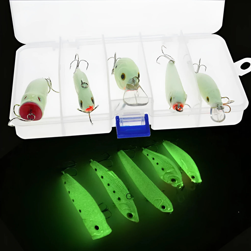Set of five 3D fluorescent hard bait fishing lures on a blue background.