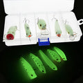 Set of five 3D fluorescent hard bait fishing lures on a blue background.