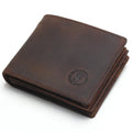 Genuine leather short anti-theft swiping men's wallet in brown vertical version with sewing line detailing