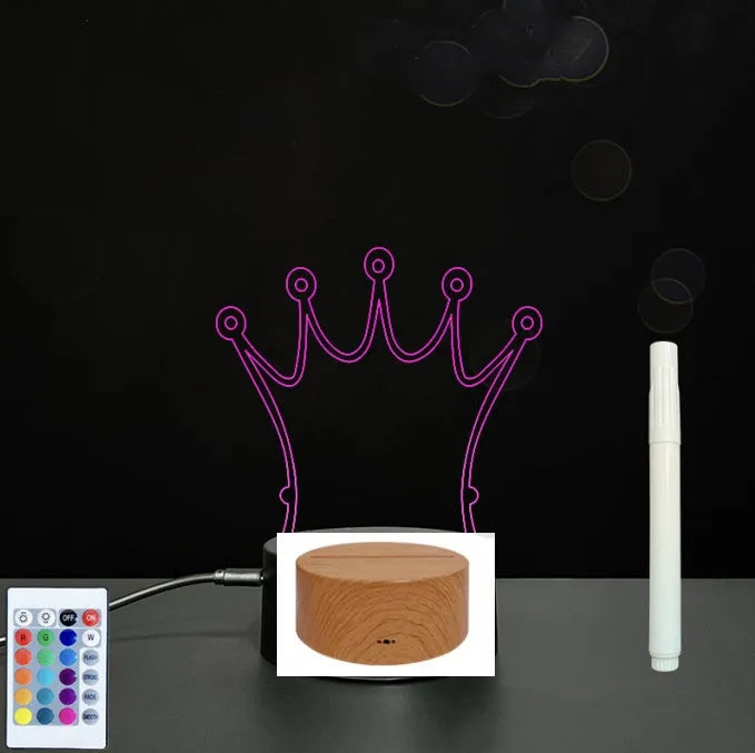 3D acrylic LED message board with touch control, black ABS base, USB cable, and stylus pen on desk
