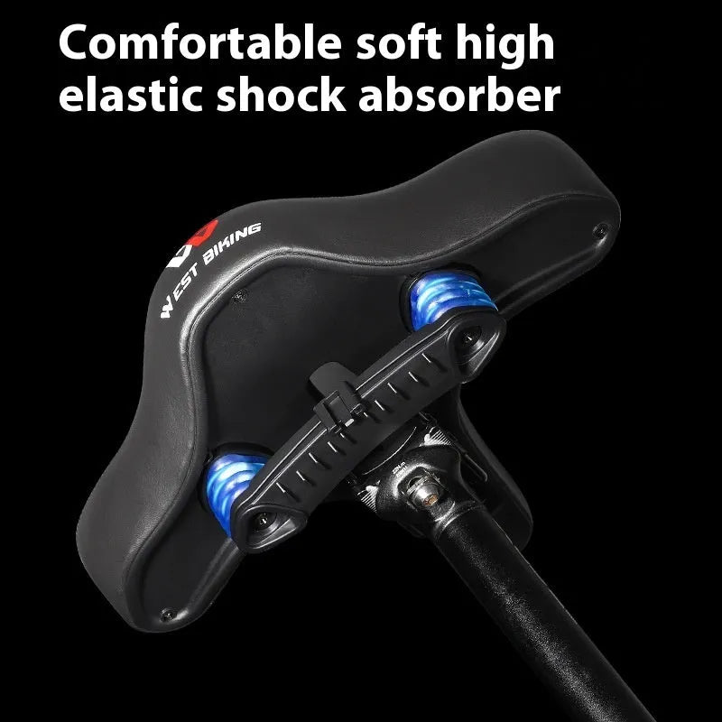 Black leather bicycle seat cushion with thick foam padding for shock absorption.