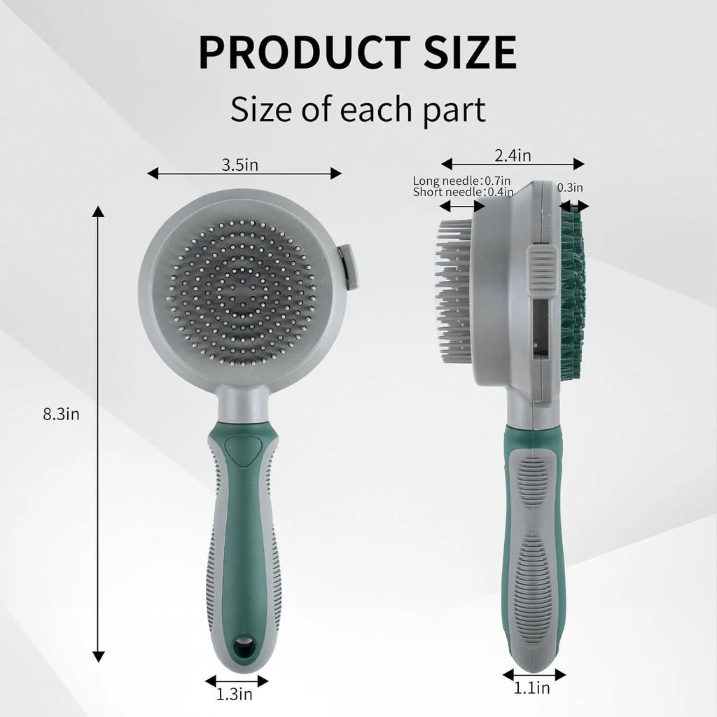Green and pink two-sided pet brush with retractable slicker brush and silicone octopus-teethed massager