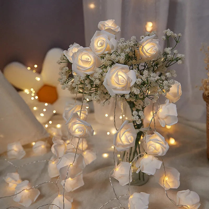 LED rose light string with battery pack and PV foam rose heads in multiple colour options