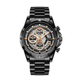 Men's waterproof quartz watch with luminous hands and stainless steel band in three colour variations.