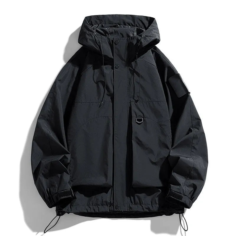 Men's black windproof waterproof hooded jacket on a hanger
