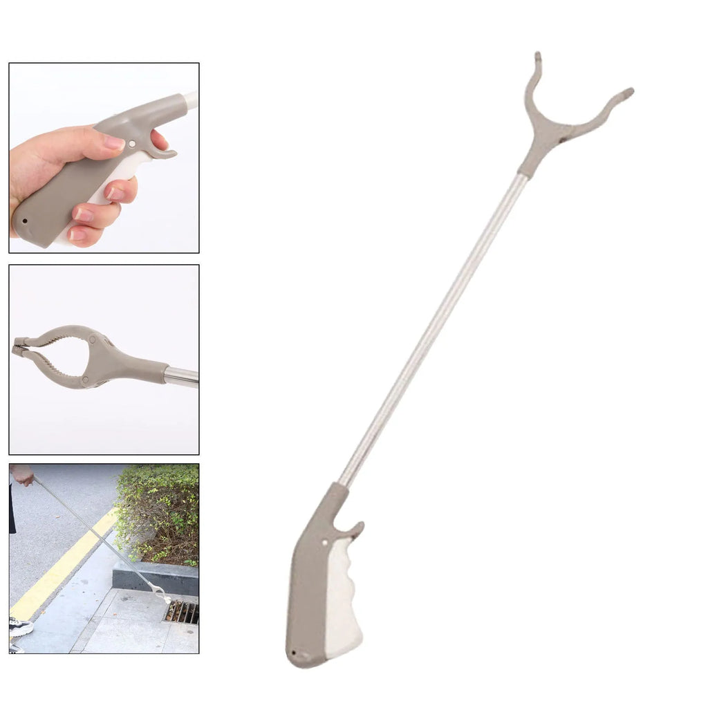 Stainless steel lengthened garbage plier with plastic hand grips and open jaws.