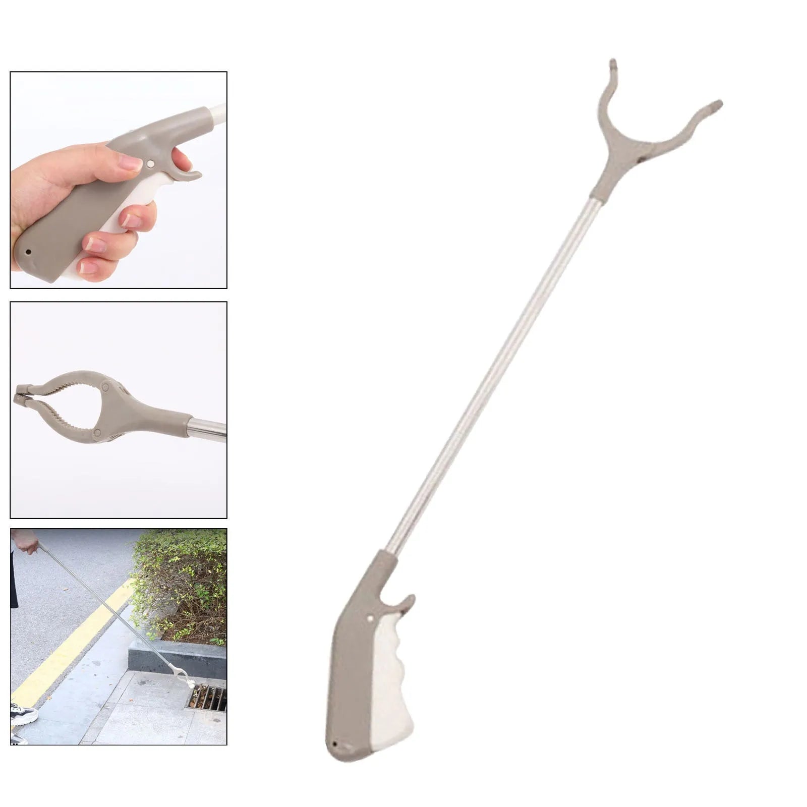 Stainless steel lengthened garbage plier with plastic hand grips and open jaws.