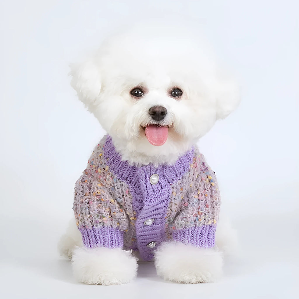 Purple dog cardigan sweater for large breeds in soft polyester fabric