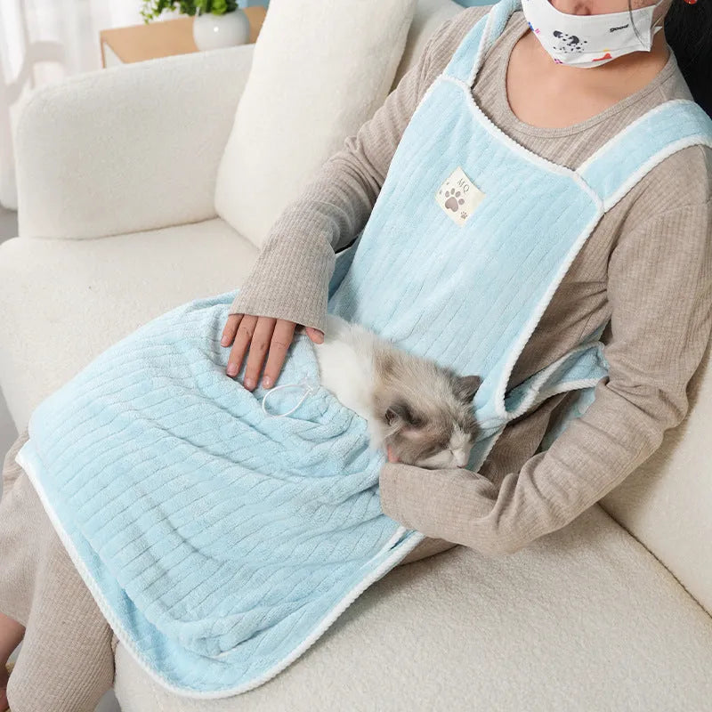 Cat petting apron in cloth material showing colour options including pink, light blue, light purple and striped patterns