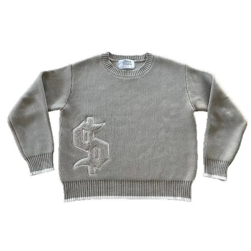 Grey loose-fit jacquard knit coat with long sleeves for autumn and winter.