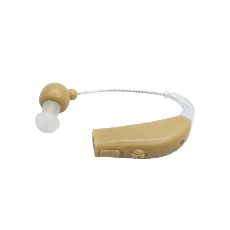 Black silicone rechargeable hearing aid amplifier with charging cable for elderly users
