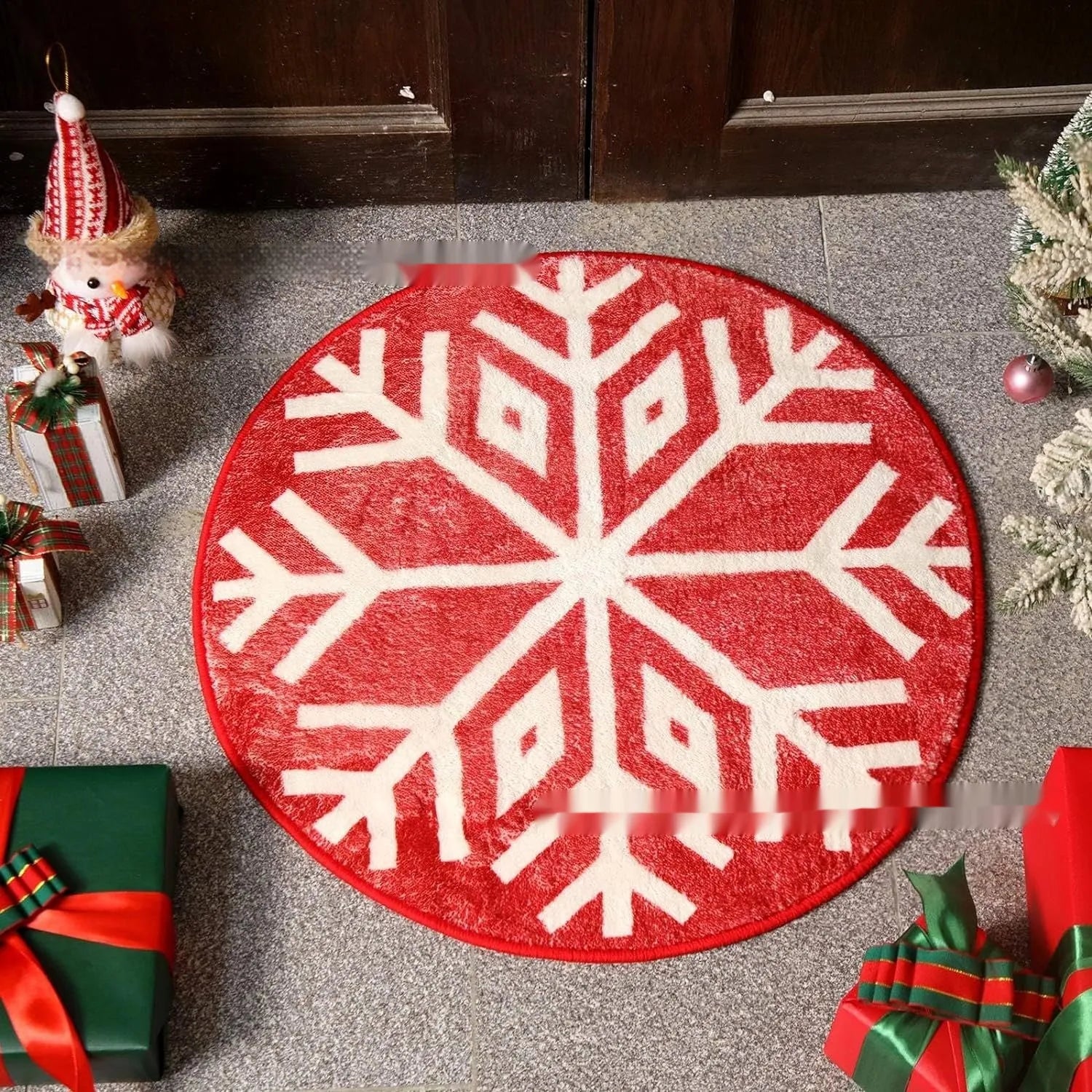 Christmas printed polyester carpet with festive design in square shape on wooden floor