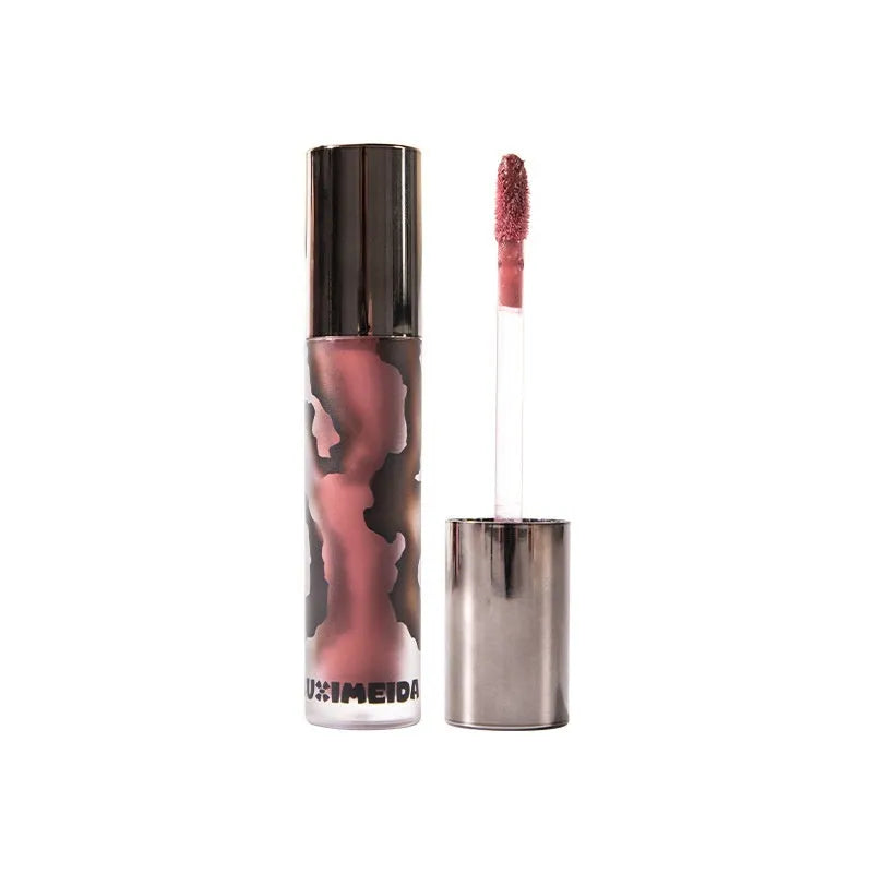 Matte liquid lipstick lip mud in five shades: orange brown, cool grey, cinnamon, jujube red, smoked purple.