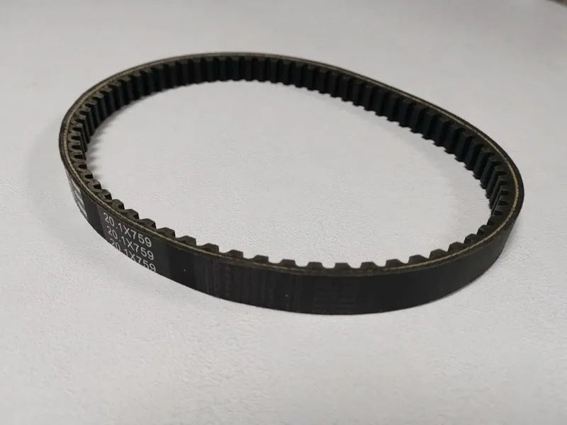 Black replacement drive belt for Guangyang Jili GP110 and Fengli VP110 pedal motorcycles.
